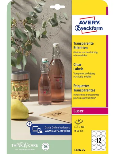 Zweckform Folienetiketten L7787-25, transparent, rund, Ø 60mm - Papier Fotopapier und Etiketten, wetterfest und ideal für die edle Kennzeichnung von Gläsern und Flaschen, Made in Germany.