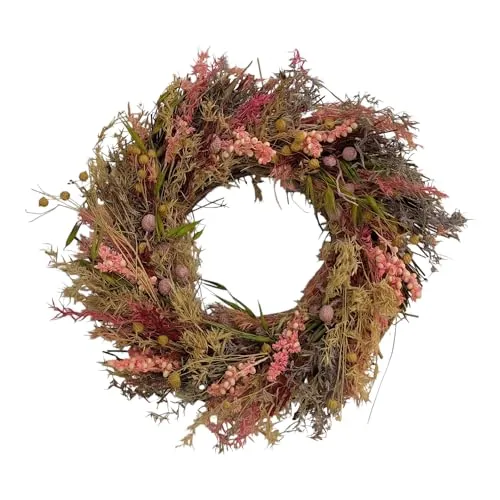 Getrockneter Blumenkranz 24 cm Durchmesser Natürliche Blumen und Gräser Plastikfrei (rosa)