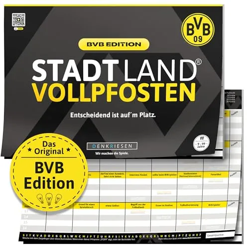 DENKRIESEN - Stadt Land VOLLPFOSTEN® - BVB Edition - 'Entscheidend ist auf'm Platz.' - DIN A4 Spielblock | ab 9 Jahren | 50 Blatt | BVB-Fanartikel | Borussia Dortmund | Fußballfans | Quiz