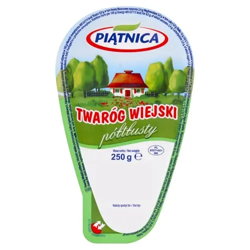PIATNICA Twarog wiejski klinek poltlusty 250g - Abgepackter Feta, cremiger Schichtkäse mit halbem Fettgehalt, ideal für gesunde Ernährung und vielseitige Verwendung in Gerichten.