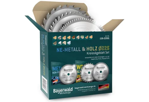 Bayerwald Kreissägeblatt Set NE-METALL & HOLZ Ø225 - Hochwertiges Kreissägeblatt-Set für Metall und Holz, kompatibel mit Maschinen wie Mafell und Festool. Ideal für präzise Schnitte und vielseitige Anwendungen.