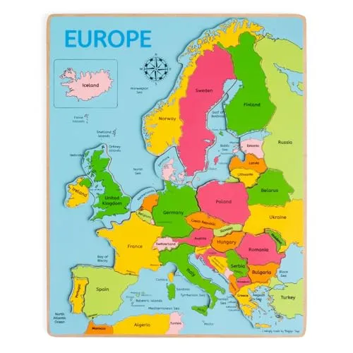 Bigjigs Toys Europakarte Steckpuzzle - Klassisches Puzzle mit 25 Teilen, fördert das geografische Wissen und die Allgemeinbildung von Kindern ab 3 Jahren. Aus hochwertigen, nachhaltigen Materialien gefertigt.