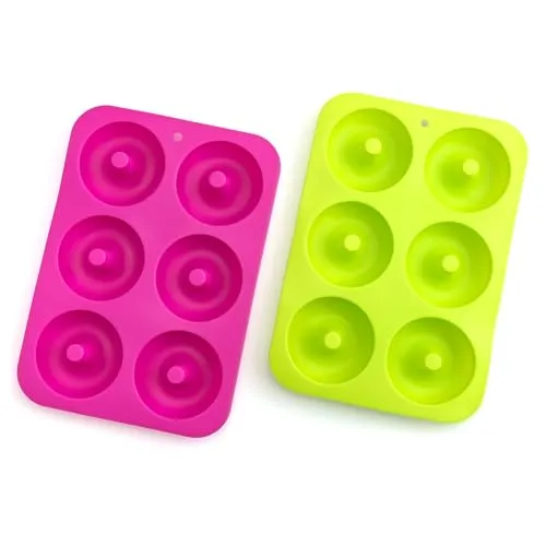 PRECORN 2 Stück Silikon BPA-freie Donut Formen zum Backen in Grün und Rosa – Antihaft Backblech für DIY Donuts uvm. Lebensmittelechte Backform, Hitzebeständig Backzubehör