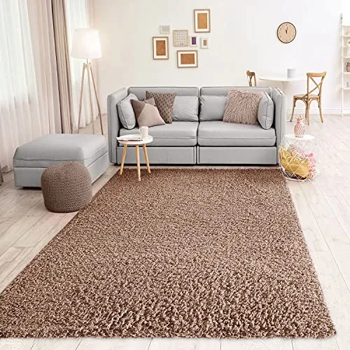 VIMODA Prime Shaggy Teppich Hochflor Langflor Teppiche Modern Einfarbig Nougat Hellbraun, Maße:Ø 80 cm Rund