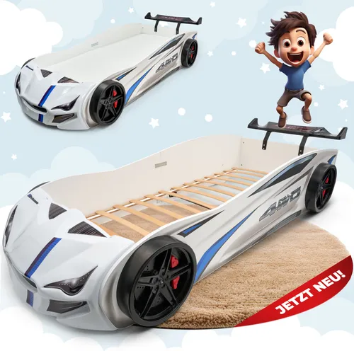 MARQA HOME Autobett 90x200 - Kinderbett Rennwagenbett - Betten für Kinder, stylisches Rennwagenbett in Weiß, ideal für kleine Autofans und perfekt für ein aufregendes Schlafzimmer.