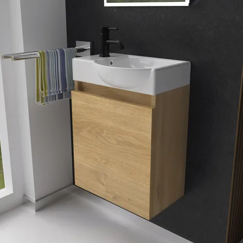 Alpenberger Badmöbel-Set Gäste WC - Waschbecken mit Unterschrank - Badmöbel-Set, vormontiert mit Softclose-Funktion, ideal für kleine Gästebäder, elegant in Eiche Natur.