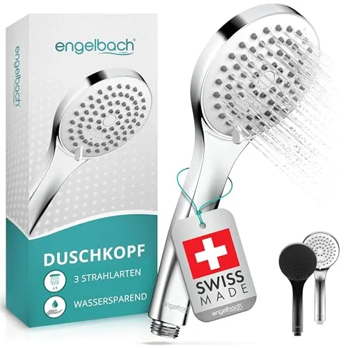 Engelbach® Duschkopf wassersparend – 3 Strahlarten für individuelles Duscherlebnis - Handbrausen mit 3 Strahlarten: Sanfter Regen, Massage & Intensiv. Wassersparend mit nur 9L/Min, schont die Umwelt und senkt Kosten. Hergestellt in der Schweiz für höchste Qualität.