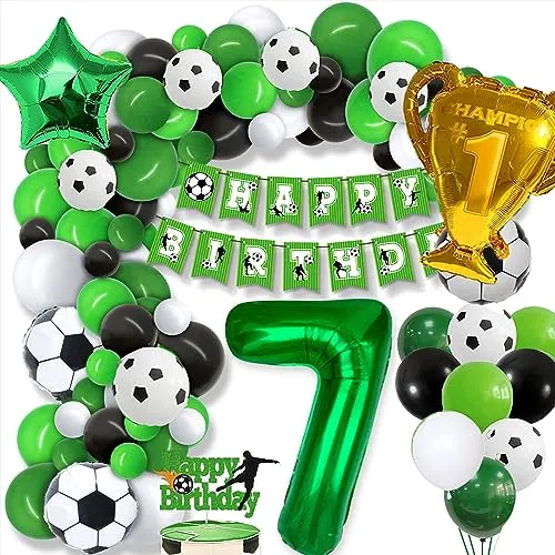 Fußball 7 Geburtstag Deko Junge, 7. Football Geburtstagsdeko, 7 Jahre Ballon Grün Luftballon Girlande, mit Happy Birthday Girlande, für Kinder Junge Geburtstag Party Fußball Deko 7.Geburtstagsdeko
