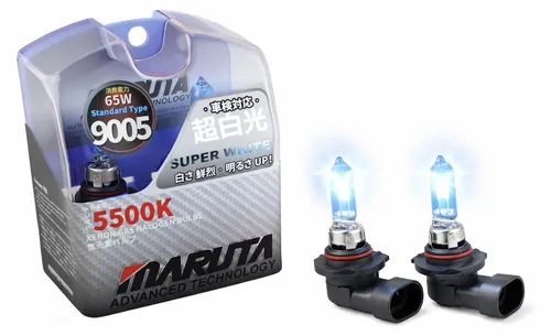 MARUTA SUPER WHITE 9005/HB3 Halogenlampe 65W - Autobeleuchtungen mit hochwertigem Xenon-Effekt für beste Sichtverhältnisse. Langlebige Halogenlampen, einfach auszutauschen und ECE geprüft, ideal für Abblend- und Fernlicht.