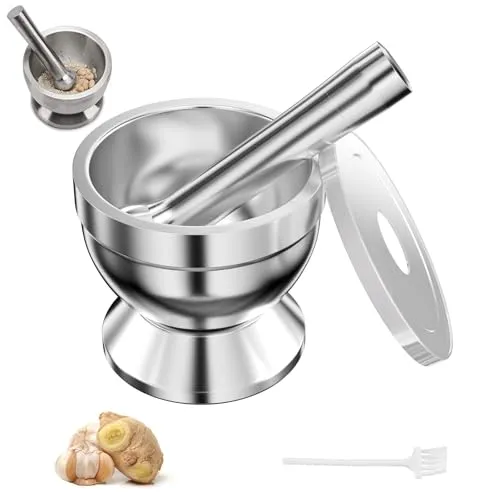 MeoZynxadril Mörser und Stößel aus Edelstahl, 10 CM Haushaltsstößel und Mörserschale, Mörser und Stößel für Knoblauch, Rutschfester Mehrzweck Stößel und Mörser, zum Mahlen, Zerkleinern, Silbrig