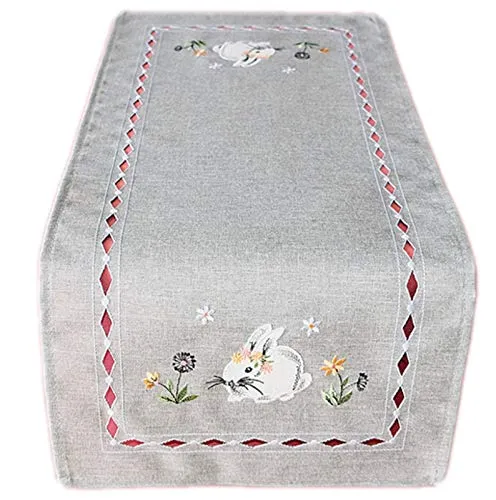 Raebel OHG Ostern Hellgrau Tischdecke Tischläufer Deckchen Osterdeko Hasen Rosa 100% Polyester (30 x 70 cm Tischläufer rechteckig)