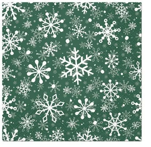 Servietten Christmas Snowflakes green – Weiße Schneeflocken auf grün 33x33cm 20