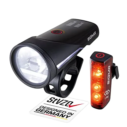 SIGMA Fahrradlicht Set Aura 100 Blaze Link - LED Fahrrad Licht Set mit 100 Lux, automatische Lichtanpassung und innovative Kopplungsfunktion für maximale Sicherheit