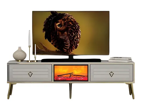 Elegantes TV Lowboard mit Dekokamin in Weiß - Modernes TV-Lowboard in Weiß, aus hochwertigem Holz, mit 2 Schubladen und 1 Regalfach. Ideal für das Wohnzimmer, bietet eleganten Stauraum und setzt stilvolle Akzente.