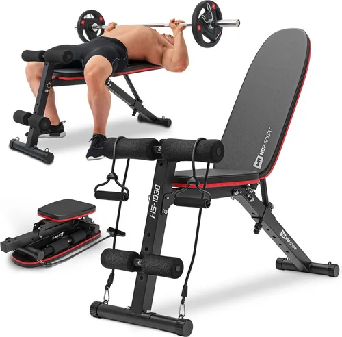 Hop-Sport klappbare Hantelbank HS-1030 – Trainingsbank für Zuhause, 6-fach verstellbar, mit Beinfixierung, Expander, rutschfest, bis 220 kg belastbar