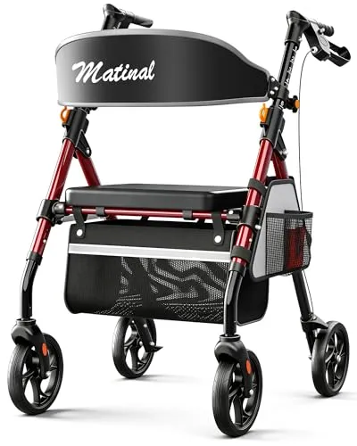 Matinal Leichte Rollatoren mit Sitz für Senioren, 158kg Tragkraft, Rot | Faltbare Walker, 20 cm Räder, 45 cm Großer Sitz, 6-fach Höhenverstellbar, Ultraleichter Aluminiumrahmen