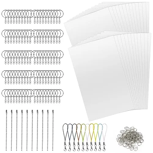 Mkitnvy Schrumpffolie Set 245 Stück, Schrumpffolie zum Basteln,Inklusive A4 Schrumpfpapier,Schlüsselanhänger,geteiltem Verschluss,Karabinerverschluss,Perlenkette,Transparente grobe Membran