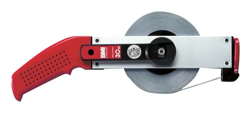 BMI Rahmenbandmaß 30 m x 13 mm – Ergoline mit Flex-Anfang - Praktisches Rahmenbandmaß aus rostfreiem Chrom-Nickel-Stahl, ideal für präzise Messungen. Ergonomischer Griff mit Weichgummi-Noppen und kugelgelagerter Wickelmechanismus sorgen für Komfort und Langlebigkeit.