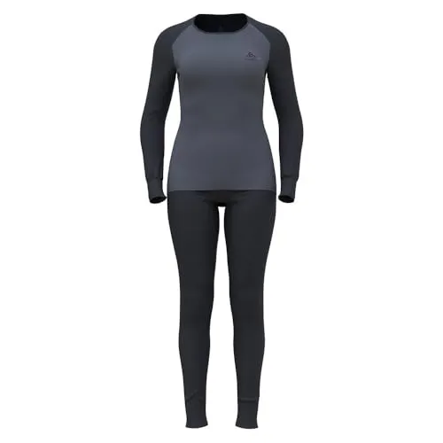Odlo Damen Wäscheset Active Warm Eco India Ink-Folkstone Gray S - Funktionsunterwäsche für Damen, bestehend aus Langarmshirt und Hose, bietet gezielte Wärmeisolation und optimalen Feuchtigkeitstransport für höchsten Komfort beim Wintersport.
