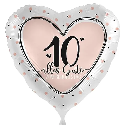 Folienballon Zahl 10 - Ballon zum 10. Geburtstag Mädchen Luftballon 10 Geburtstag Geschenk Ballon -Made in EU- Herzen Creme Rosa