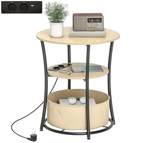 HOMCOM Beistelltisch 3-stufiger Couchtisch mit Ladestation, Stoff-Aufbewahrungstasche, Ablage, Wohnzimmertisch mit Metallrahmen, Kaffeetisch für Wohnzimmer Schlafzimmer 50x50x55,1 cm Naturholz