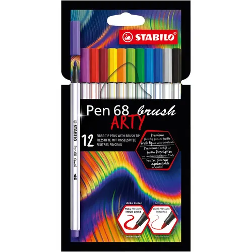 STABILO Pen 68 brush - Premium-Filzstift mit Pinselspitze, 12er Pack in brillanten Farben für kreative Techniken und variable Strichstärken