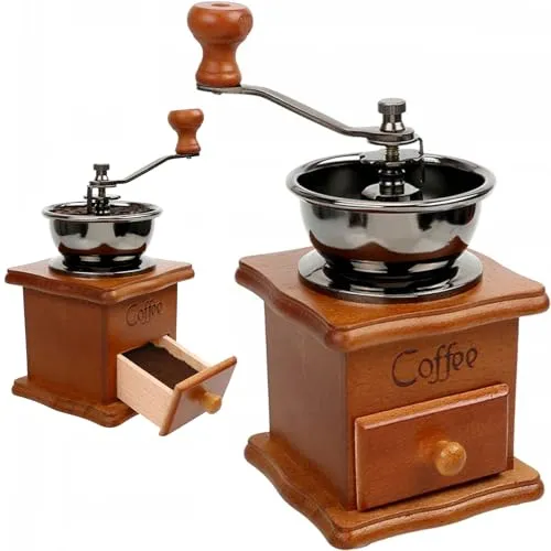 Retoo Kaffeemühle, Braun Retro Manuelle Kaffeemühle auf Holz mit Handkurbel, Tragbar, Kaffee Mühle im Antik Design, Espressomühle für Kaffee Bohnen, Edelstahl