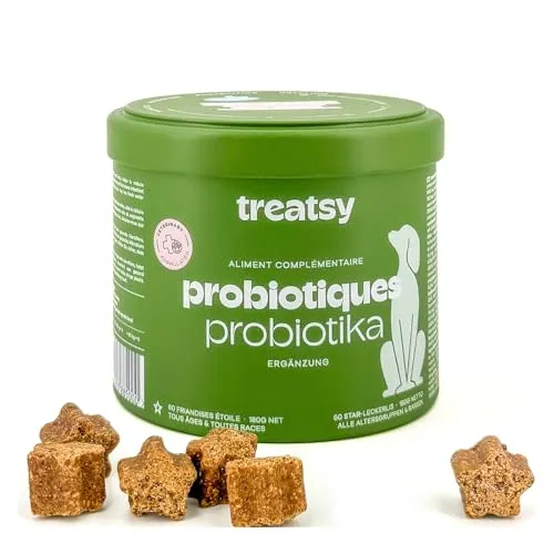 Treatsy Futterergänzungsmittel für Hunde Verdauung - Gegen Durchfall & Verstopfung - Präbiotika, Probiotika, Postbiotika, Psyllium - Von Tierkliniken empfohlen - 60 Hähnchen-Leckerlis