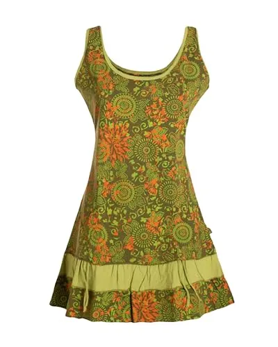 Vishes Damen Lagen-Look Jersey-Tunika Sommerkleid Olive 36 - Leichtes, handgefertigtes Damen-Tunika Kleid im Lagenlook, verstellbare Länge, ideal für Sommer-Events. Der weiche Jersey-Stoff sorgt für hohen Tragekomfort und die bunten Designs setzen fröhliche Akzente.