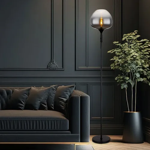 Moderne Stehlampe mit Rauchglas, 29x165cm - Stilvolle Stehleuchte aus schwarzem Metall mit einzigartigem Rauchglasschirm, ideal für Wohnzimmer und Schlafzimmer. E27 Fassung für individuelle Leuchtmittelwahl.