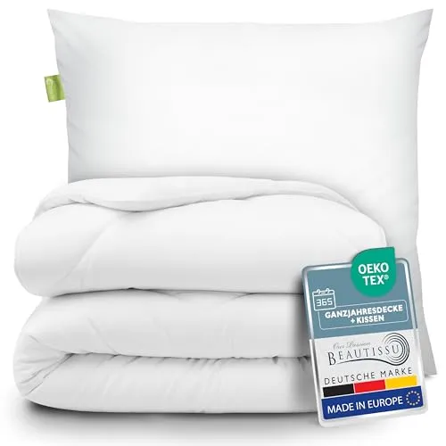 Beautissu Bettdecke und Kissen Set – Ganzjahresdecke 155x220 & Kopfkissen 80x80 - Hochwertiges Bettzeug Set für ganzjährigen Schlafkomfort – inklusive atmungsaktiver Ganzjahresdecke und weichem Kopfkissen, ideal für Allergiker, pflegeleicht und OEKO-TEX zertifiziert.