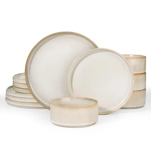 Richmount Star 12-teiliges teller set, Geschirrset 4 personen, Steingut Geschirr Set, Anti-Kratzer Tafelservice, Mikrowellen & Spülmaschinenfest, Cappuccino Weiß