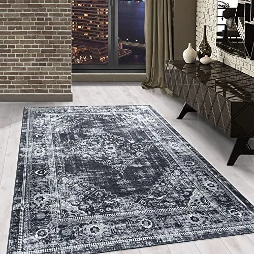 Waschbarer Teppich, Didigitaldruck Orientteppiche, Rechteckig, Schwarz - Grau - Weiß Farbe, Flachgewebe, Fußbodenheizung geeignet, Größe:160 x 230 cm