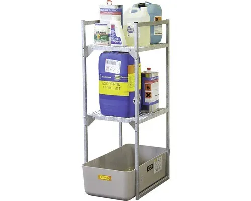 Cemo Fassregal 120 Variante 2 mit Gitterrostauflagen - Regalsystem für die sichere Lagerung von Fässern, inklusive GFK-Auffangwanne für optimalen Umweltschutz.