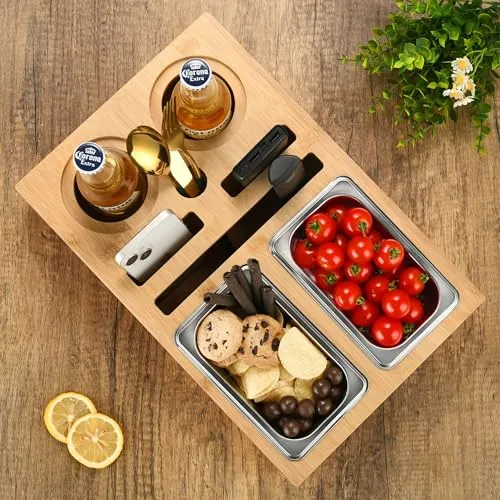 DE-COmmerce Bambus Couchbar, Schalen aus Edelstahl, abnehmbarer Deckel, Snackbox, Sofatablett, Organizer für Sofa, Couch, Handy, Getränke & Camping