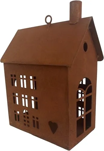 ecosoul Gartendeko Haus rechteckig mit Ring als Laterne geeignet Gartenlicht Gartendeko zum Stellen oder Hängen Metall Rost Deko 23cm hoch