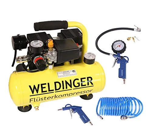 WELDINGER Flüster Kompressor FK 40 compact mit Druckluftset 6-teilig - Kompakter Flüsterkompressor mit nur 58 dB, ideal für leise Anwendungen. Inklusive 6-teiligem Druckluftset für vielseitige Nutzung. 5 Jahre Garantie für zuverlässige Qualität.