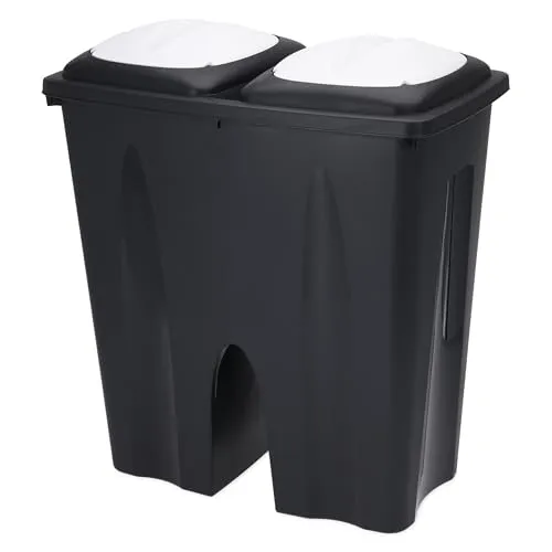 Spetebo Duo Mülleimer 50 Liter - 2 x 25l Abfalleimer mit Klappverschluss - Haushaltszubehör für müheloses Mülltrennen, aus recyceltem Kunststoff in elegantem Schwarz/Weiß, mit abnehmbaren Deckeln für einfache Entleerung.