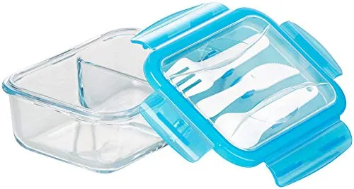 Rosenstein & Söhne Gefrierdosen Glas: Glas-Frischhaltedose, 2 Kammern, Besteck, Klick-Deckel, -20 bis 520 °C (Lunchbox, Dosen, Kühlschrank)