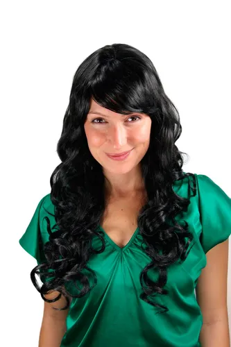 Langhaarige schwarze Perücke Wig lang Locken schwarz gelockt lockig 65cm 7633-1B