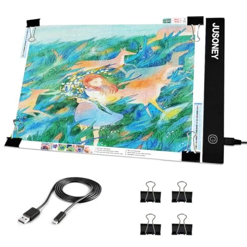 JUSONEY A4 LED Licht Pad,Diamond Painting Zubehör,Einstellbare Helligkeit Lichtkasten,Ultra Slim Zeichenblock mit USB Kabel Clips Ideal für Diamond Painting Pad,Zeichnen Skizzieren