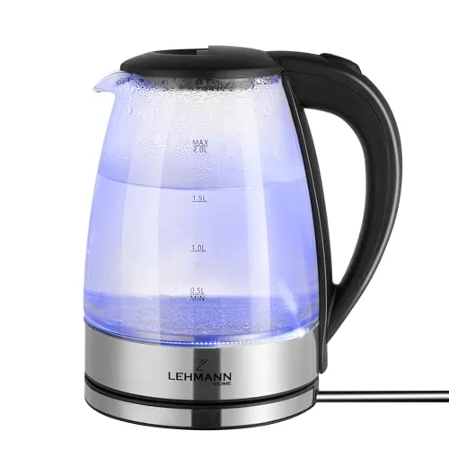 Lehmann 2L Glas Wasserkocher 2200W, elektrischer Wasserkocher aus Glas mit LED-Hintergrundbeleuchtung, Abschaltautomatik und Überhitzungsschutz