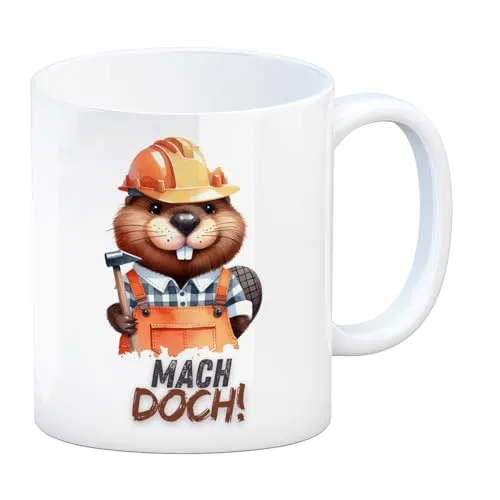 Biber Kaffeebecher mit Spruch Mach doch! Perfekt für Bauarbeiter Lustige Biber Tasse mit Spruch und Bauhelme ideal für die Frühstückspause am Bau