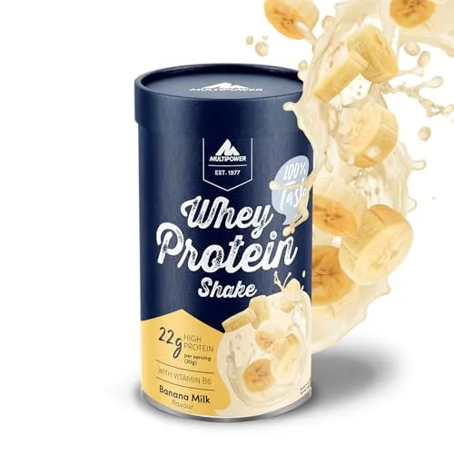Multipower Whey Protein Shake Pulver 420g - Bananenmilchgeschmack - Proteinreiches Pulver mit 21 g Eiweiß pro Portion, ideal zur Unterstützung der Regeneration nach dem Training. Leckerer Bananenmilchgeschmack und einfach löslich in Wasser. Nachhaltige Verpackung aus recyclingfähigem Material.