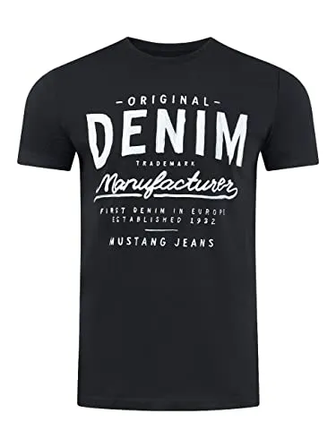 MUSTANG Tshirt Herren Regular Fit Rundhals Kurzarm Sommer Tee Shirt Logoprint Baumwolle, Größe:6XL, Farbe:Black (1004544-4142) -