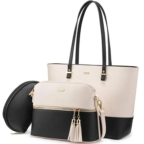 LOVEVOOK Handtasche Damen Shopper Schultertasche Blau Umhängetasche Damen Geldbörse Tragetasche Groß Tasche Tote für Büro Schule Einkauf Reise Leder Handtasche 3-teiliges Set, Beige-schwarz