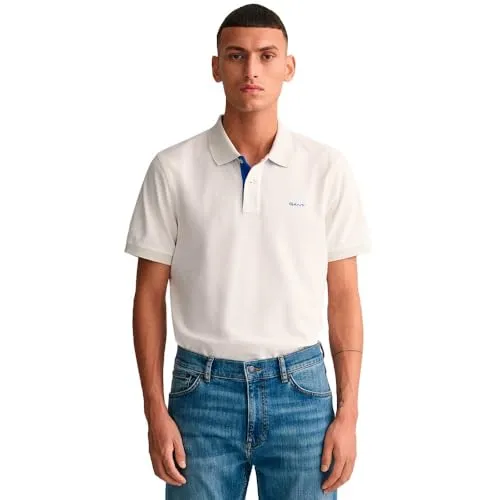 Gant Herren Reg Contrast Pique Rugger Polohemd, Eggshell, M EU - Poloshirt für Herren mit Slim Fit Passform, Rippbündchen für optimalen Sitz und höchsten Tragekomfort – perfekt für stilvolle Freizeitlooks.