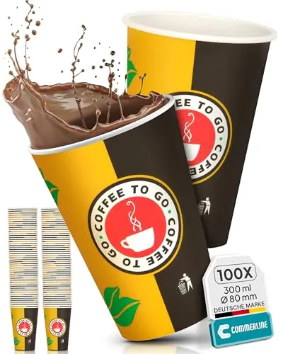 Commerline Pappbecher 300 ml Ø80 mm, 100 Stück, Kaffeebecher to go | Coffee to Go Becher, Papierbecher aus Hartpapier, Einweg Kaffeebecher für Büro, Gastronomie, Catering & Kaffee
