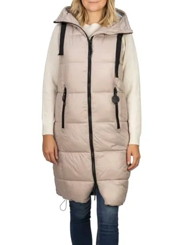 DENIMFY Steppweste Damen lang mit Kapuze - Funktionsjacke für Herbst und Winter, knielang, windfest mit Kapuze und zwei Reißverschlusstaschen für praktischen Komfort.