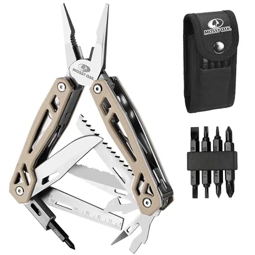 Mossy Oak 22-in-1 Multitool aus Edelstahl, Faltbar, mit Bits, Braun | Vielseitiges Multifunktionswerkzeug für Outdoor-Aktivitäten